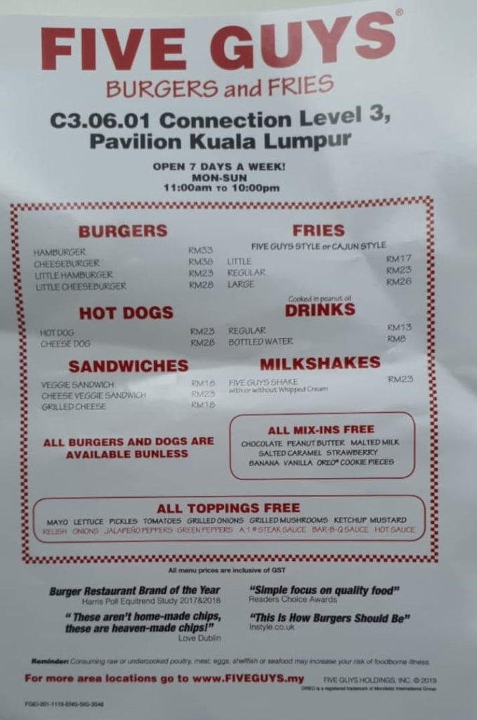 Five (5) Guys Malaysia Menu Price 2023, Location - Malaysian ...